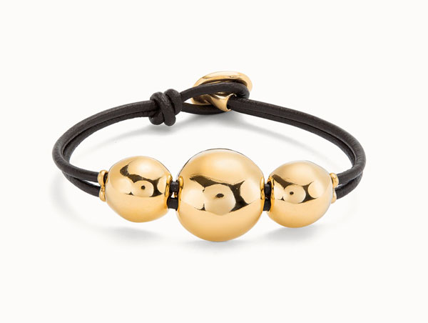 Pulsera de cuero con tres bolas grandes bañadas en oro 18k