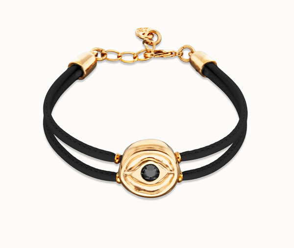 Pulsera doble de cuero negro con ojo bañado en oro 18k